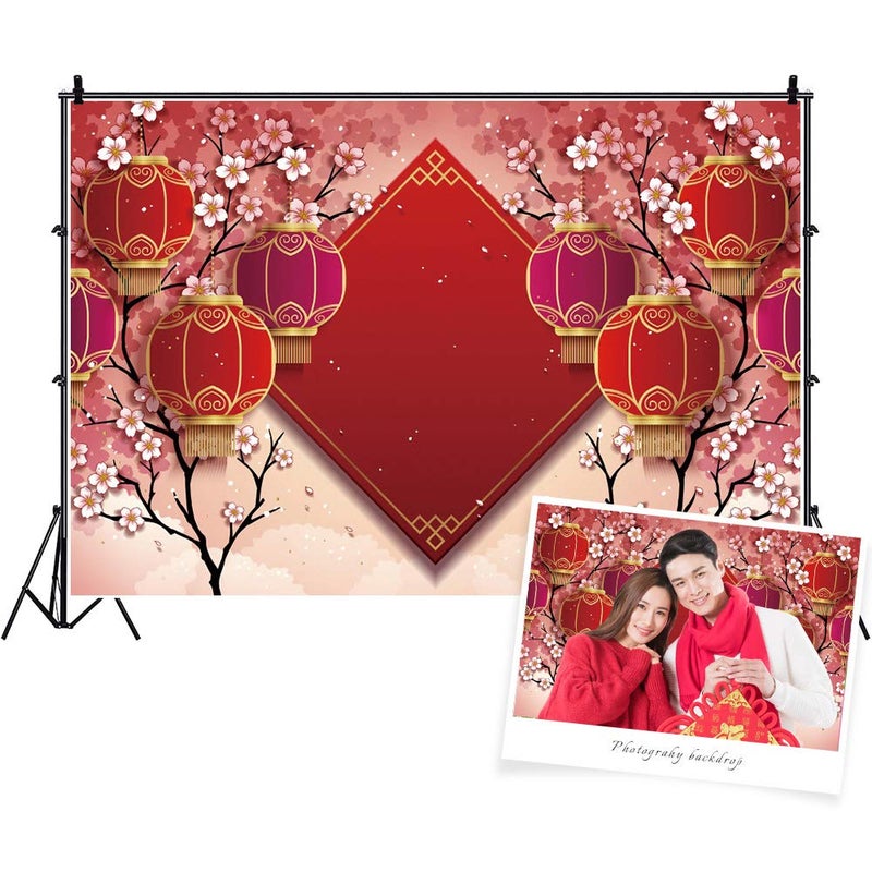 DASHAN 7x5ft Polyester Chinese Asian New Year Theme Party Backdrop Chinese Spring Festival Celebration Red Lantern Floral Flowers Photography Background New Year Party Adults YouTube Photo Props - Image 1